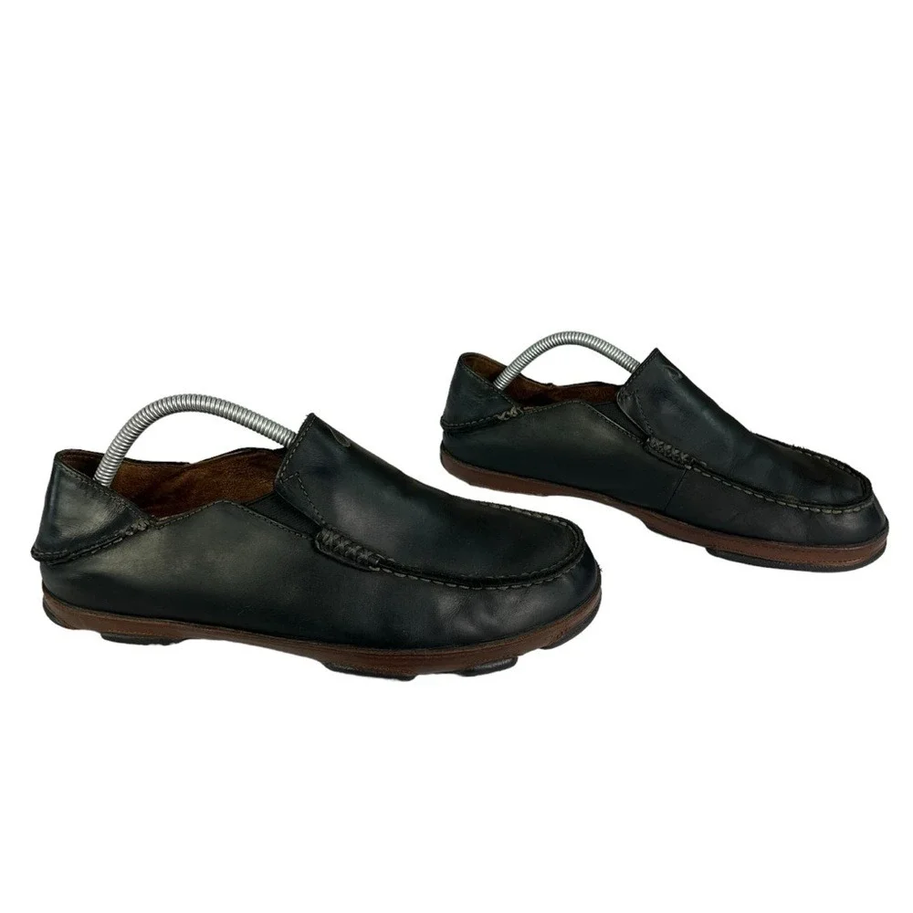 Olukai Maloa Loafers Mens 9.5 Black Leather Back Drop Heels‎ Shoes